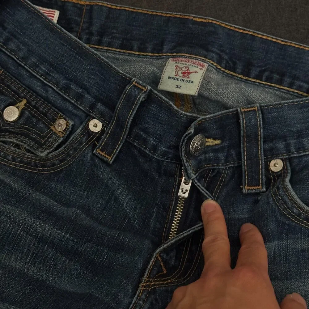 VTG True Religion Ricky QT Mens Blue Thick Double Stitch Jeans USA Size 32x32